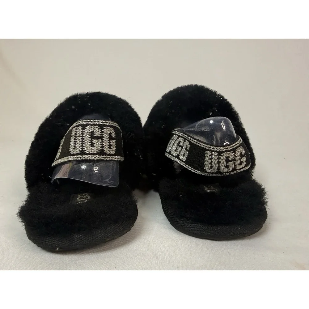 Ugg Fluff Yeah Black Sparkle L Slip On Slide Platform Sandal Girls Size 10